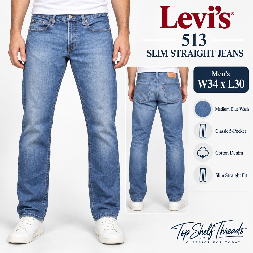 Levi's 513 Slim Straight Jeans Men W34 L30 Blue Medium Wash Whiskered Low Rise